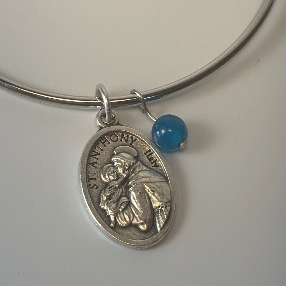St. Anthony Italy Bangle Bracelet Silver Tone Blue Bead Religious Catholic Boho